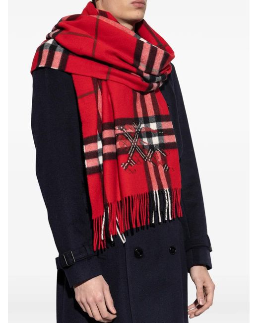 Burberry Red Wide Cross-Stitch Edk Check Cashmere Scarf