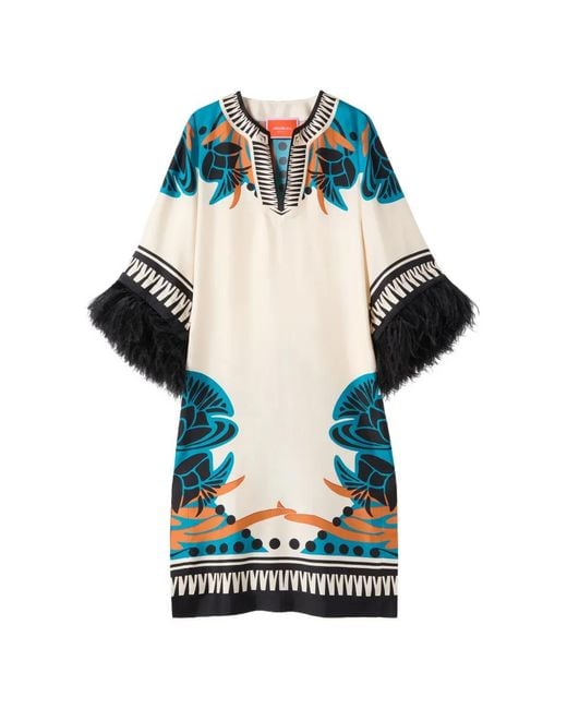 LaDoubleJ Blue Floral Feather Kaftan Midi Dress