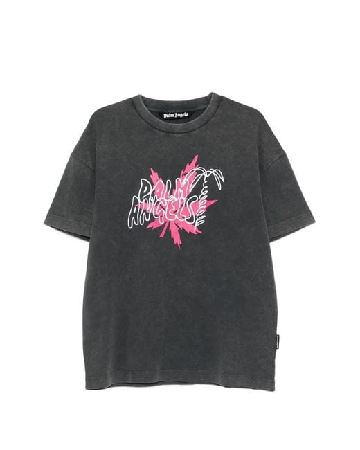 Palm Angels Gray Logo-Print Faded-Effect T-Shirt for men