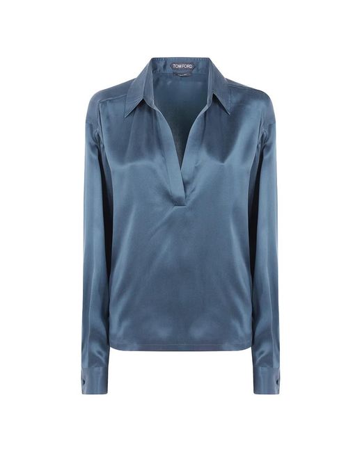 Tom Ford Blue Peach-Feel Silk Satin Polo With Tonal Tf Embroidered Logo