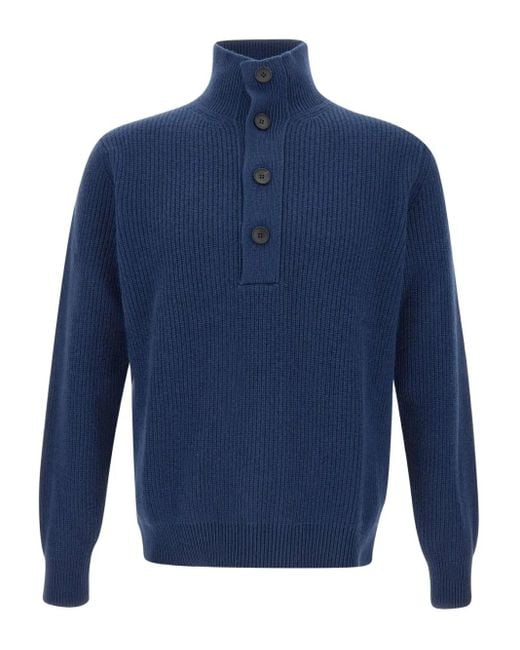 FILIPPO DE LAURENTIIS Blue Ribbed High-neck Button Sweater for men