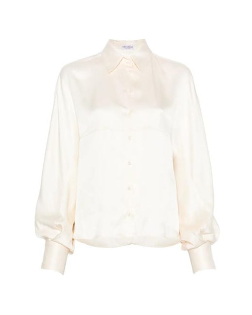 Brunello Cucinelli White Balloon-Sleeve Silk Shirt