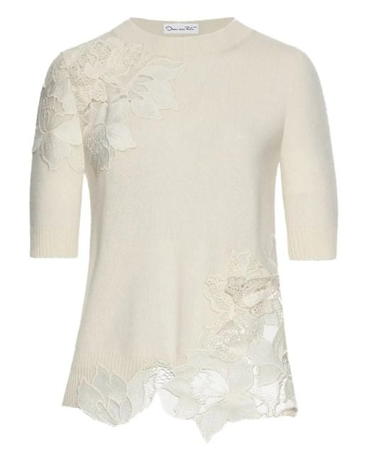 Oscar de la Renta White Guipure-Insert Short-Sleeve Top