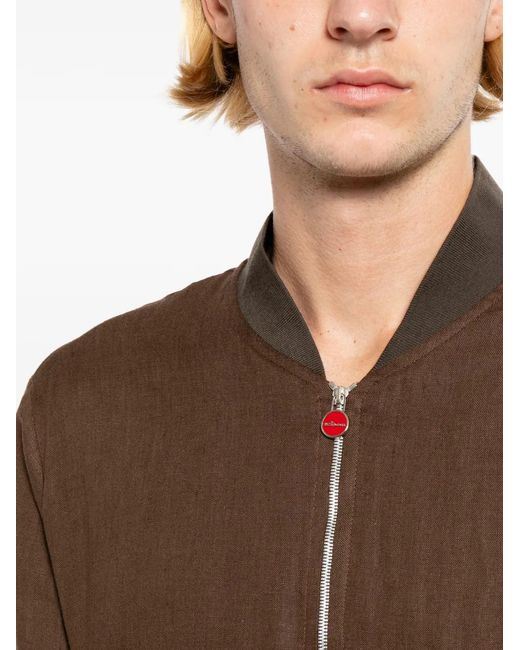 Kiton Brown Linen Ribbed-Trim Zip Jacket for men