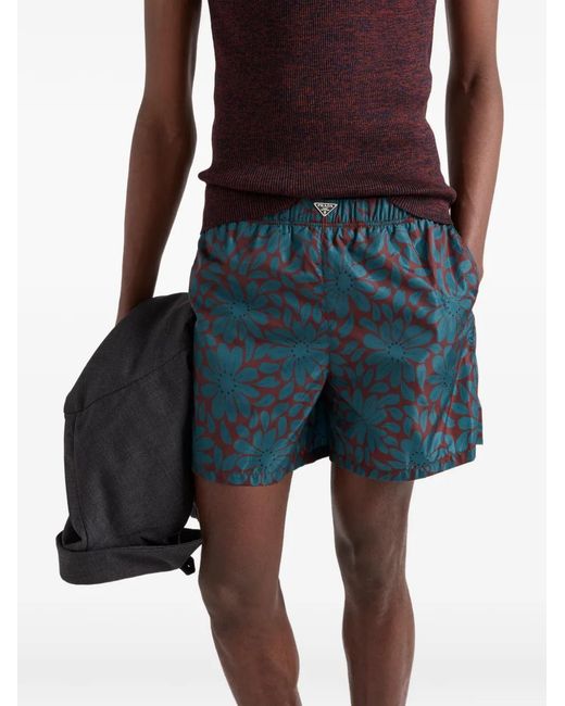 Prada Blue Printed Re-Nylon Swim Trunks for men