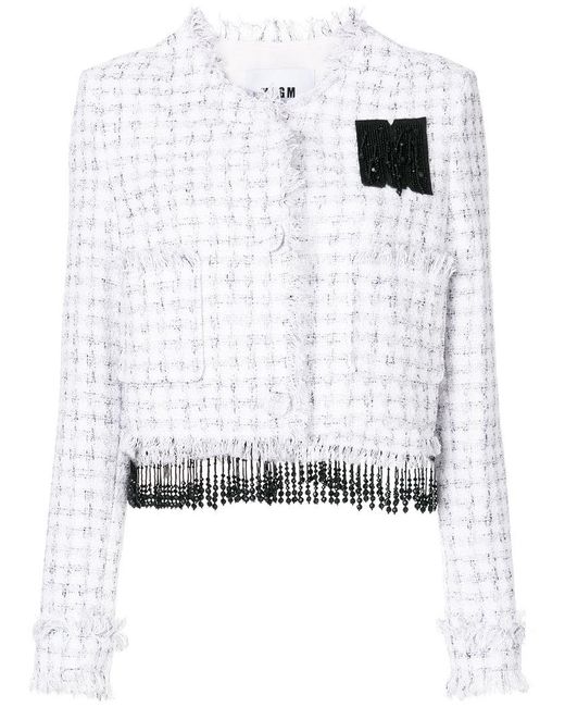 MSGM White Cropped Tweed Jacket