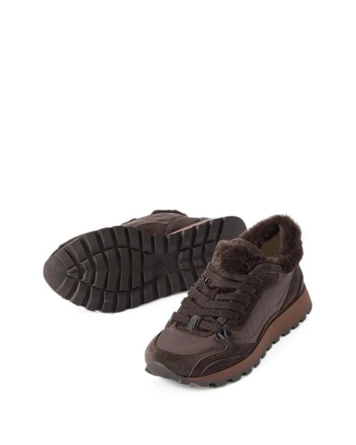 Brunello Cucinelli Brown Suede And Techno-Fabric Runners With Shearling Lining And Monili