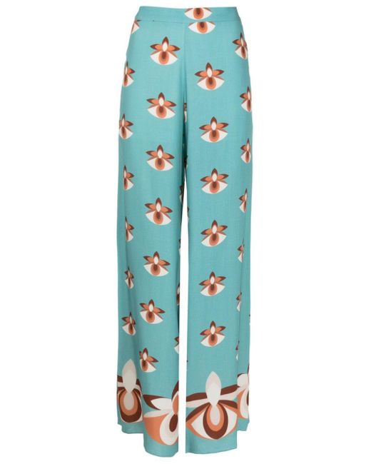 Adriana Degreas Blue Orchid-print Straight-leg Trousers