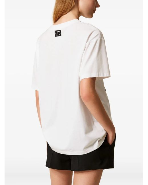 Twinset Black Floral-embroidered Cotton T-shirt