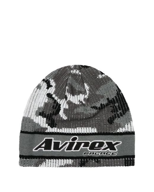 Palace Gray X Avirex Nein Cuff Logo-Print Beanie Hat for men