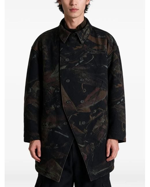 Yohji Yamamoto Black Abstract-Pattern Double-Breasted Coat for men