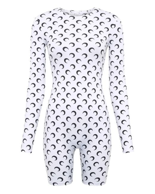 MARINE SERRE White Moon-Print Long-Sleeve Playsuit
