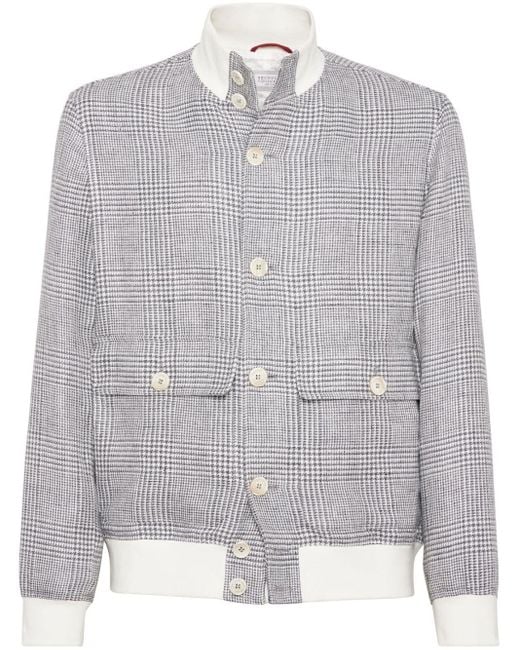Brunello Cucinelli Gray Houndstooth Linen Blend Shirt Jacket for men