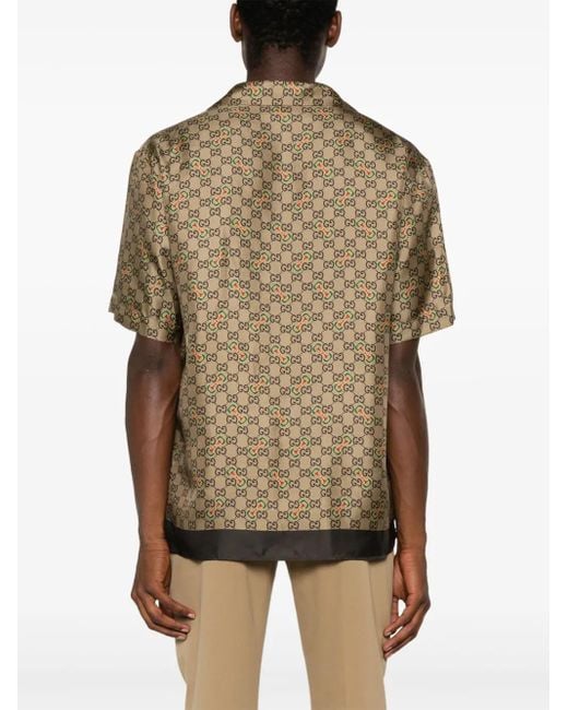 GG Horsebit print silk twill shirt in Green Gold Undefined