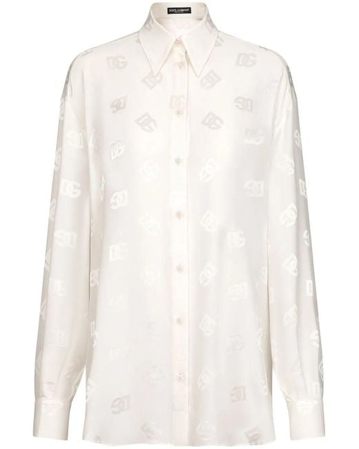 Dolce & Gabbana White Dg-Logo Jacquard Silk Shirt