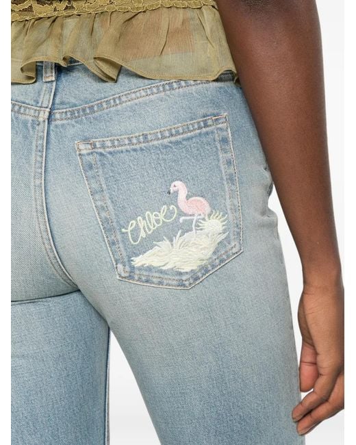 Chloé Blue Flamingo-Embroidered Jeans