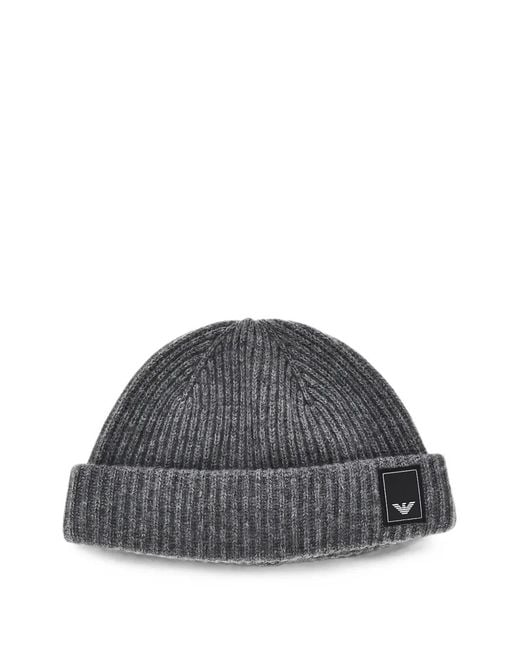Emporio Armani Gray Ribbed-Knit Beanie Hat for men