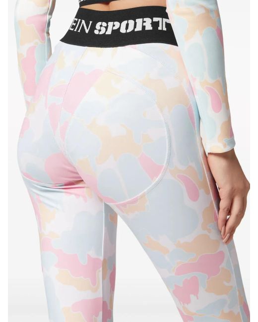 Philipp Plein Blue Camouflage-Print Logo-Waistband Leggings