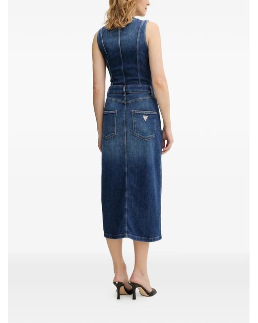Guess Blue Button V-Neck Midi Dress
