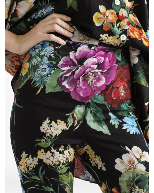Dolce & Gabbana Black Flower Bouquet-Print Charmeuse Pants
