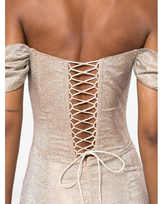 Miron White Crystal-Embellished Off-Shoulder Dress