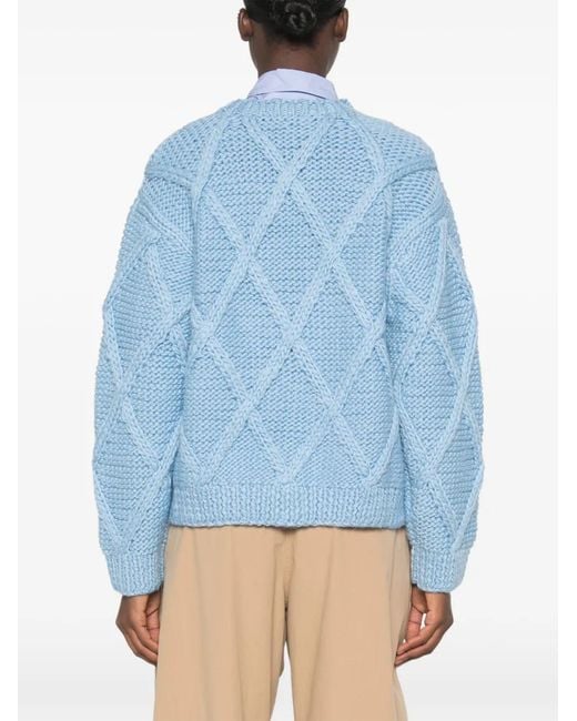 Stine Goya Blue Cable-Knit Embroidered-Logo Sweater