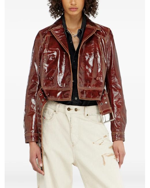 DIESEL Red Cropped Patent Leather Jacket With Double-Breasted Front