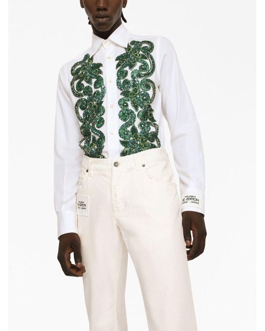 Dolce & Gabbana Green Embroidered Poplin Shirt for men