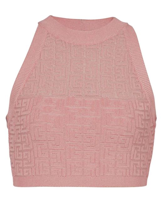 Balmain Pink Metallic Monogram Jacquard Crop Top