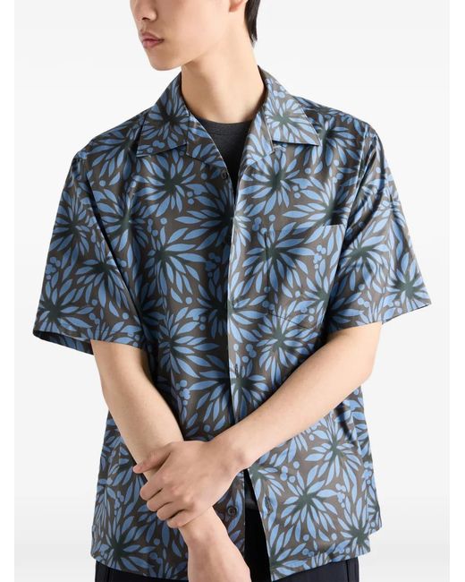 Prada Blue Printed Cotton Bowling Shirt for men