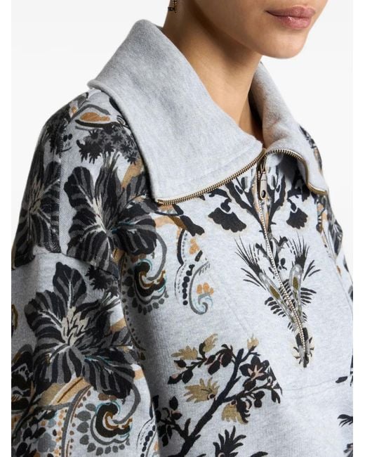 Etro Gray Cotton Sweatshirt With Short-Zip And Placed Paisley And Flower Print