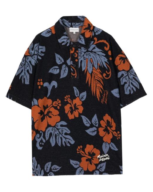 Maison Kitsuné Blue Floral-Print Towelling-Finish Polo Shirt for men