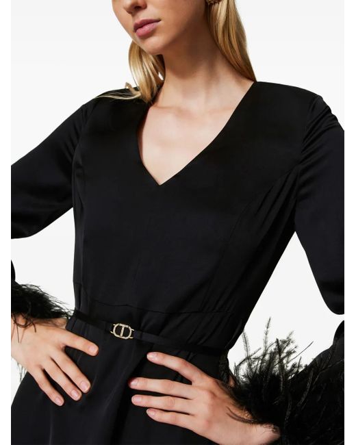 Twinset Black Feather-Detail Satin-Finish Maxi Dress