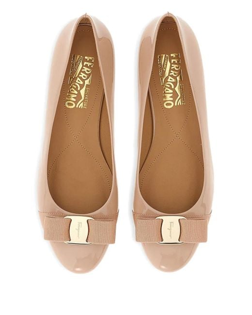 Ferragamo Brown Varina Patent Bow-Detail Ballet Flats