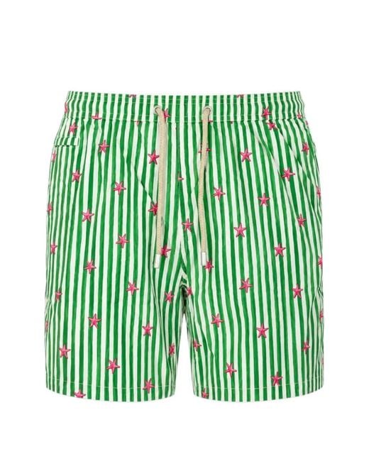 Mc2 Saint Barth Green Star-Print Striped Swim Shorts for men