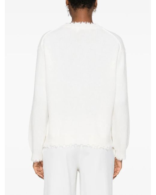 Antonelli White Frayed-Hem Round-Neck Sweater