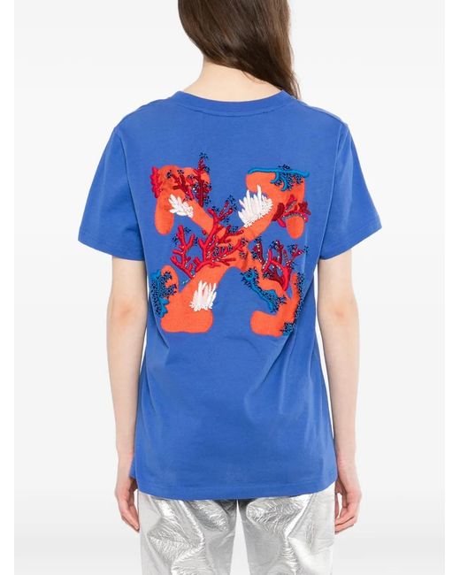 Off-White c/o Virgil Abloh Blue Rhinestone-Embellished Embroidery T-Shirt