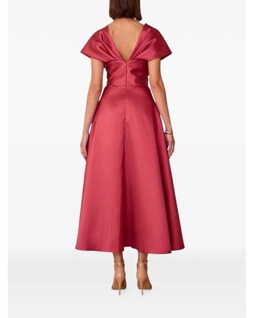 Charo Ruiz Red Pleated-Bodice V-Neck Midi Dress