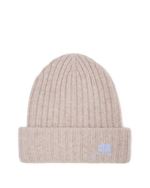 Ganni Natural Ribbed Logo-Detail Beanie Hat