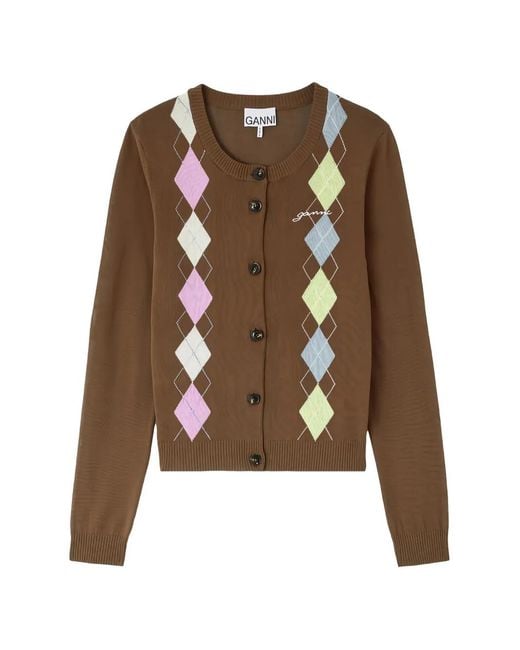 Ganni Brown Logo-Embroidered Cardigan