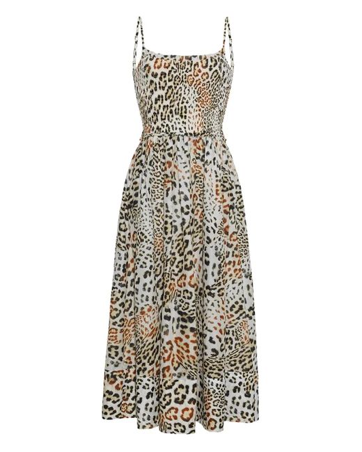 Cara Cara Natural Carmen Smocked Leopard-Print Midi Dress