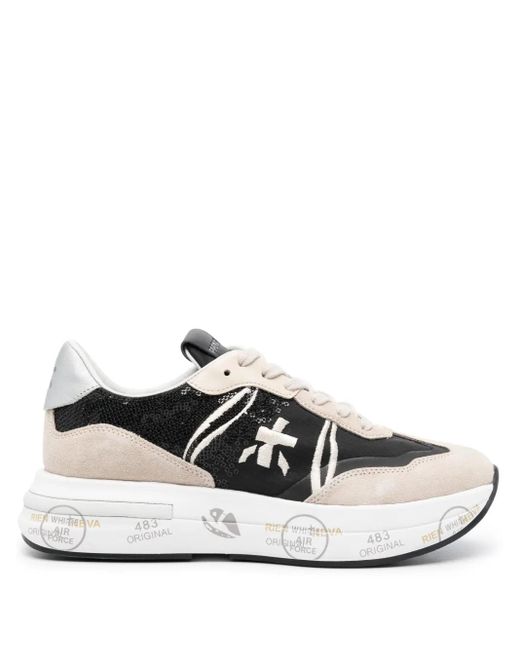 Premiata White Cassie Sequin-Embellished Sneakers