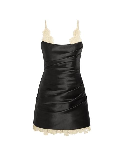 De La Vali Black Kasai Lace-Trim Draped Mini Dress