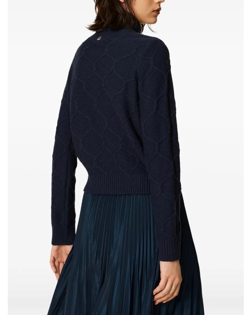 Twinset Blue Turtleneck Wool Jumper With Floral Embroidery