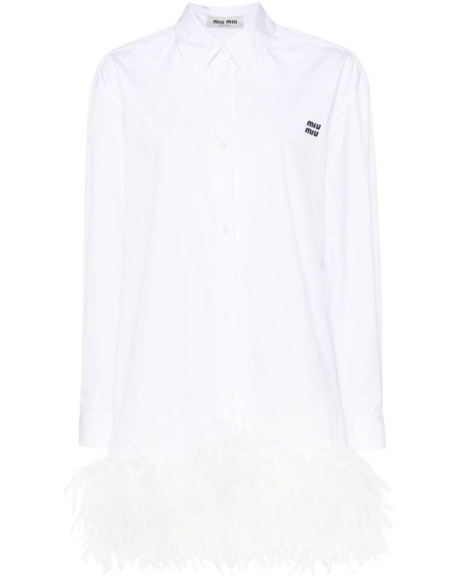 Miu Miu White Feather-trim Mini Shirt Dress