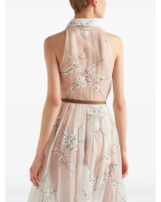 Prada White Floral-Embroidered Silk Midi Dress
