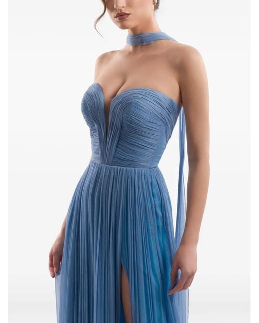 IMROSKA Blue Iris Pleated Strapless Maxi Gown Dress