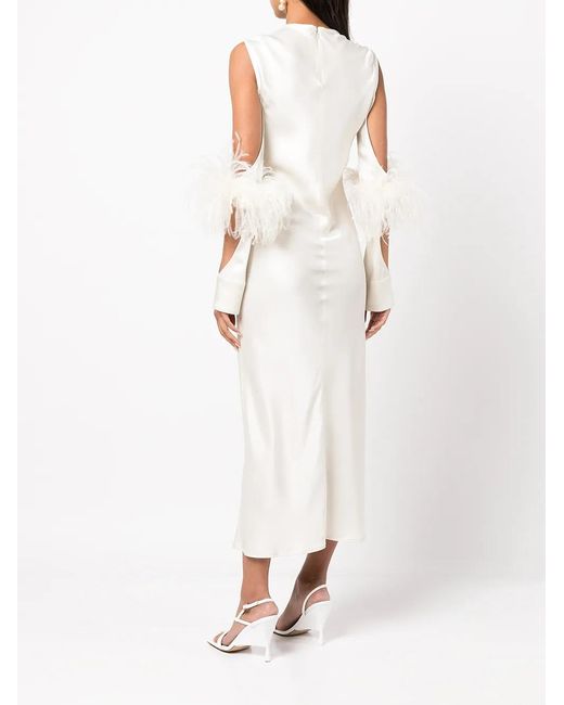 LAPOINTE White Feather-Trimmed Cut-Out Detail Satin Midi Dress