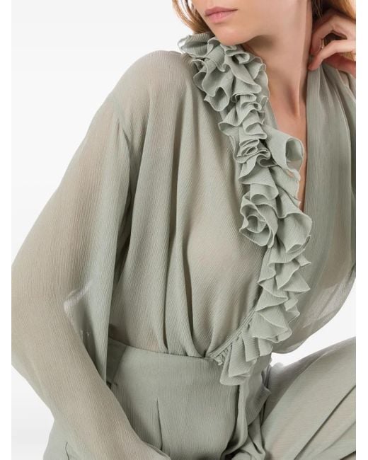 Alberta Ferretti Gray Light Ruffle Blouse With Deep V-Neckline