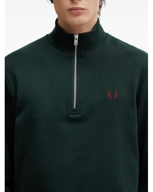 Fred Perry Green Quarter-Zip Embroidered-Logo Sweater for men